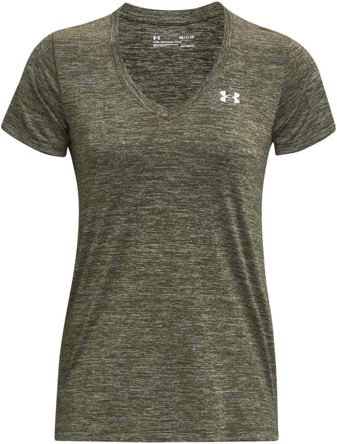 image:imageUnder Armour Womens Tech VNeck Twist ShortSleeve TShirt390 Marine Od Green White Metallic Silver
