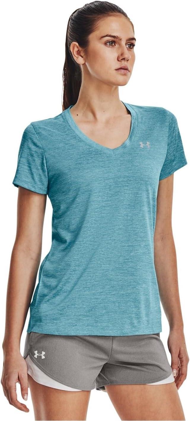 image:imageUnder Armour Womens Tech VNeck Twist ShortSleeve TShirt433 Glacier Blue White Metallic Silver