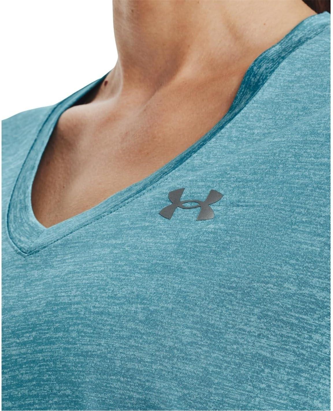 image:imageUnder Armour Womens Tech VNeck Twist ShortSleeve TShirt433 Glacier Blue White Metallic Silver