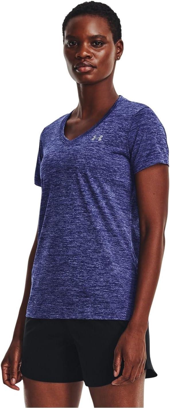 image:imageUnder Armour Womens Tech VNeck Twist ShortSleeve TShirt471 Sonar Blue Baja Blue Metallic Silver