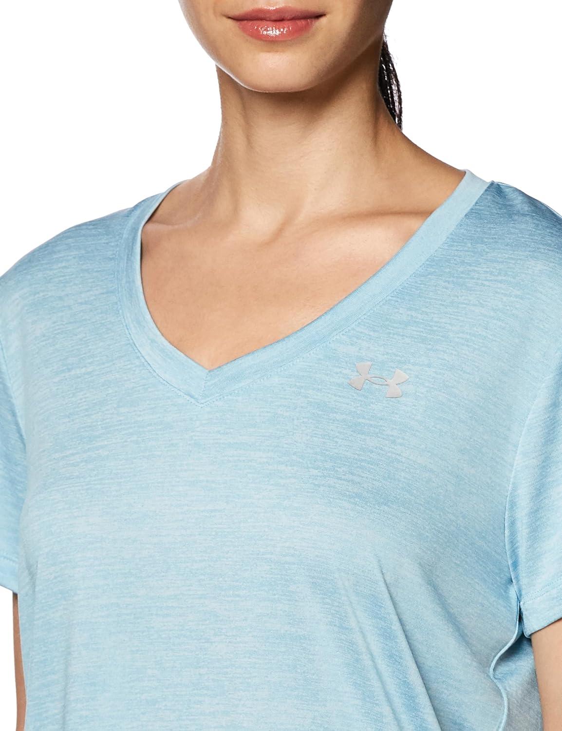 image:imageUnder Armour Womens Tech VNeck Twist ShortSleeve TShirt490 Blizzard White Metallic Silver