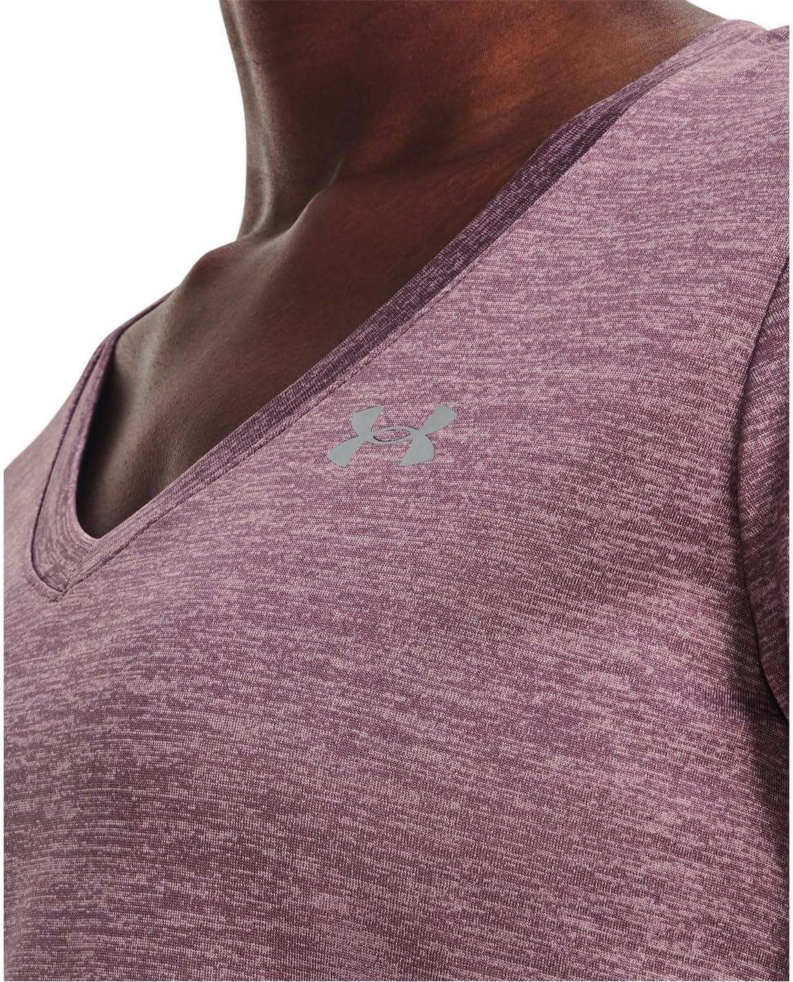 image:imageUnder Armour Womens Tech VNeck Twist ShortSleeve TShirt501 Misty Purple White Metallic Silver