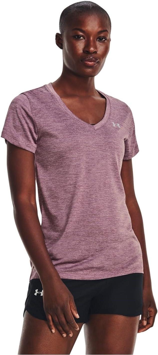 image:imageUnder Armour Womens Tech VNeck Twist ShortSleeve TShirt501 Misty Purple White Metallic Silver