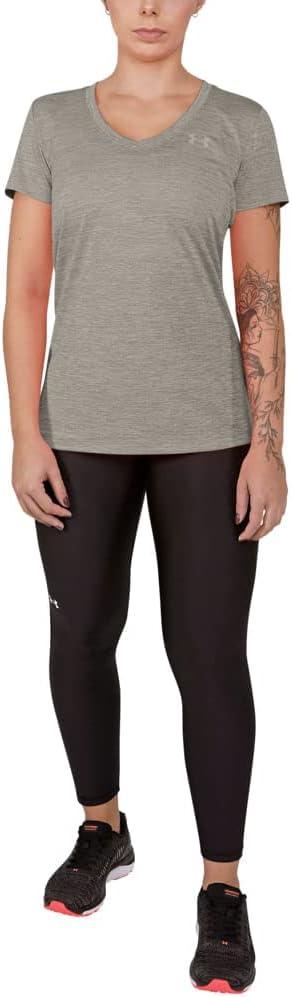 image:imageUnder Armour Womens Tech VNeck Twist ShortSleeve TShirt558 Tin Ghost Gray Metallic Silver