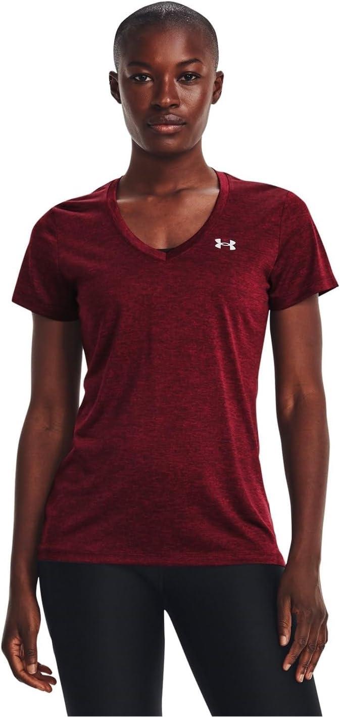 image:imageUnder Armour Womens Tech VNeck Twist ShortSleeve TShirt601 Dark Maroon Cordova Red Metallic Silver