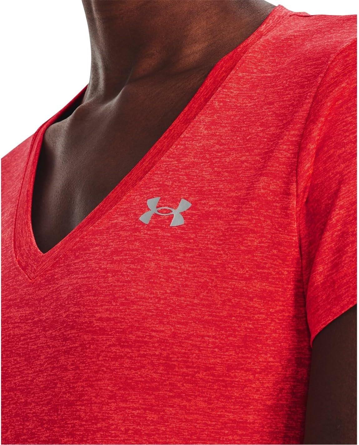 image:imageUnder Armour Womens Tech VNeck Twist ShortSleeve TShirt629 Beta Pomegranate Metallic Silver