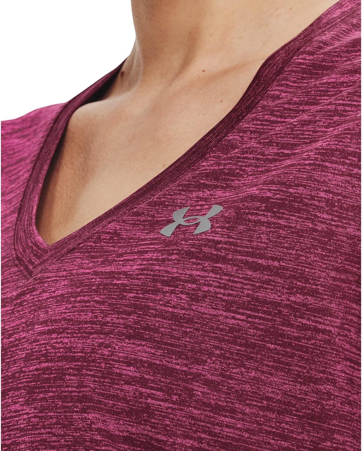image:imageUnder Armour Womens Tech VNeck Twist ShortSleeve TShirt635 Charged Cherry Rebel Pink Metallic Silver