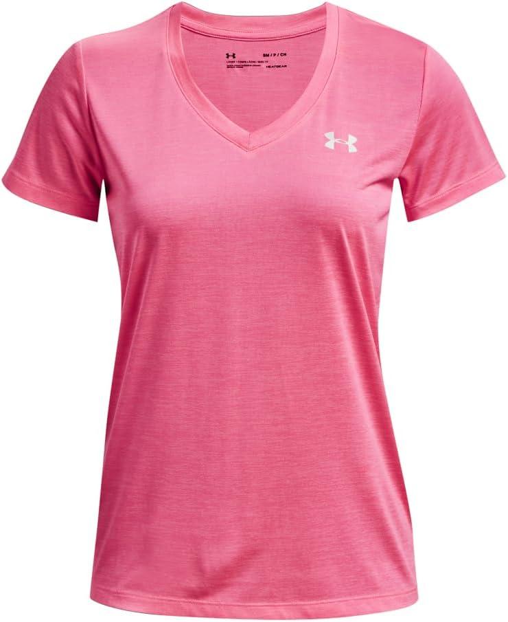 image:imageUnder Armour Womens Tech VNeck Twist ShortSleeve TShirt643 Pink Punk White Metallic Silver