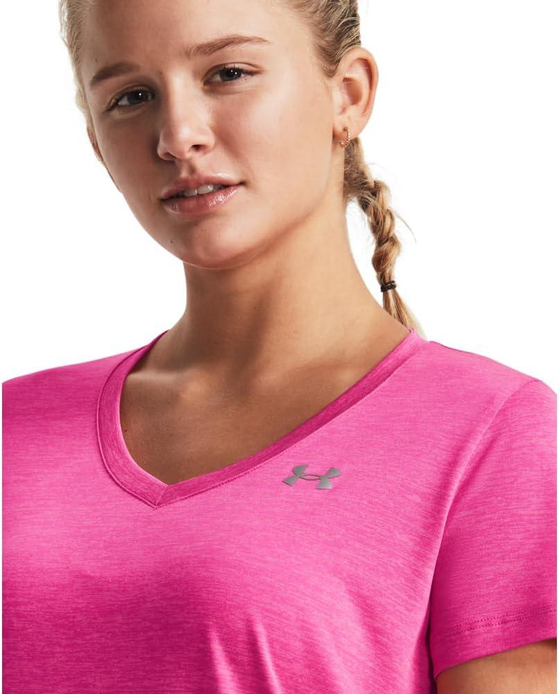 image:imageUnder Armour Womens Tech VNeck Twist ShortSleeve TShirt657 Rebel Pink Metallic Silver