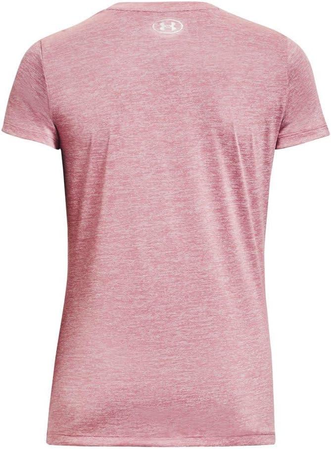 image:imageUnder Armour Womens Tech VNeck Twist ShortSleeve TShirt700 Pink Elixir White Metallic Silver