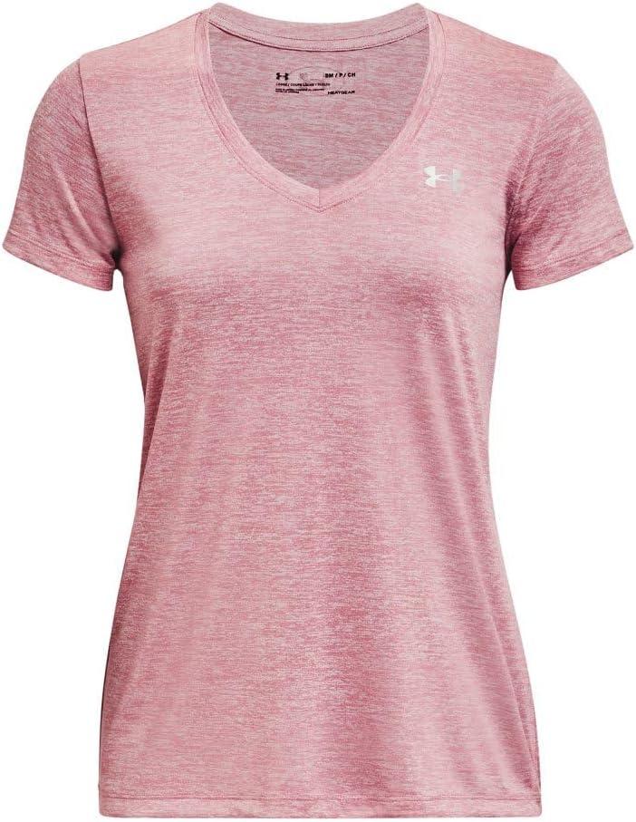 image:imageUnder Armour Womens Tech VNeck Twist ShortSleeve TShirt700 Pink Elixir White Metallic Silver