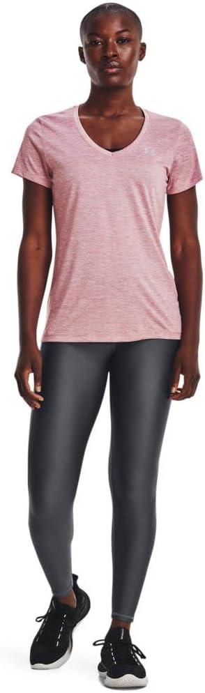 image:imageUnder Armour Womens Tech VNeck Twist ShortSleeve TShirt700 Pink Elixir White Metallic Silver