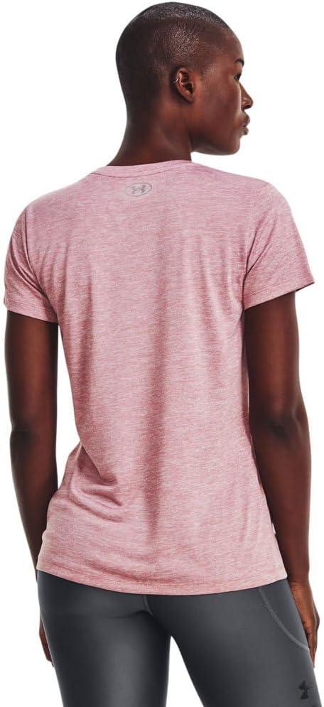 image:imageUnder Armour Womens Tech VNeck Twist ShortSleeve TShirt700 Pink Elixir White Metallic Silver