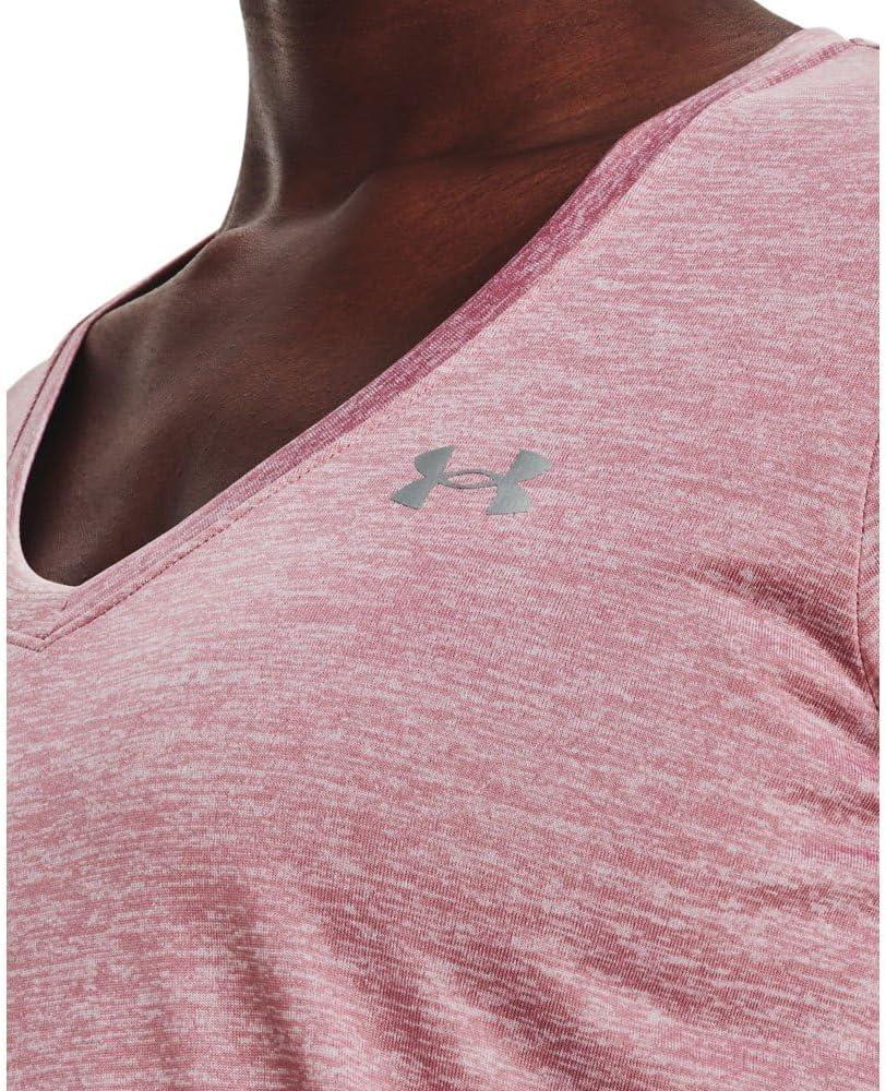 image:imageUnder Armour Womens Tech VNeck Twist ShortSleeve TShirt700 Pink Elixir White Metallic Silver