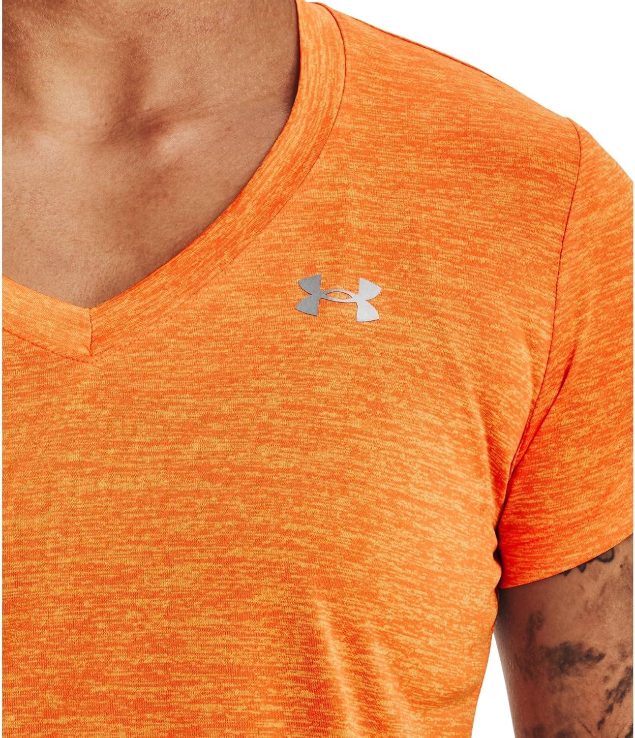 image:imageUnder Armour Womens Tech VNeck Twist ShortSleeve TShirt799 Starfruit Orange Blast Metallic Silver