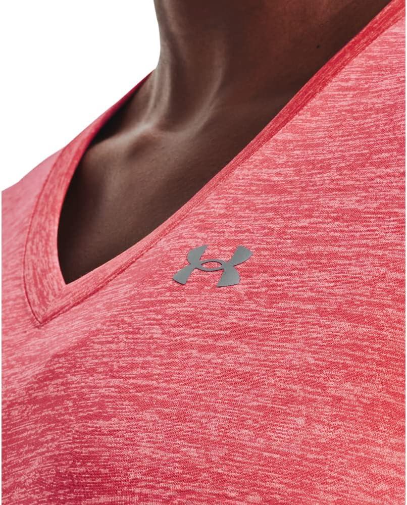 image:imageUnder Armour Womens Tech VNeck Twist ShortSleeve TShirt849 Calypso Blitz Red Metallic Silver