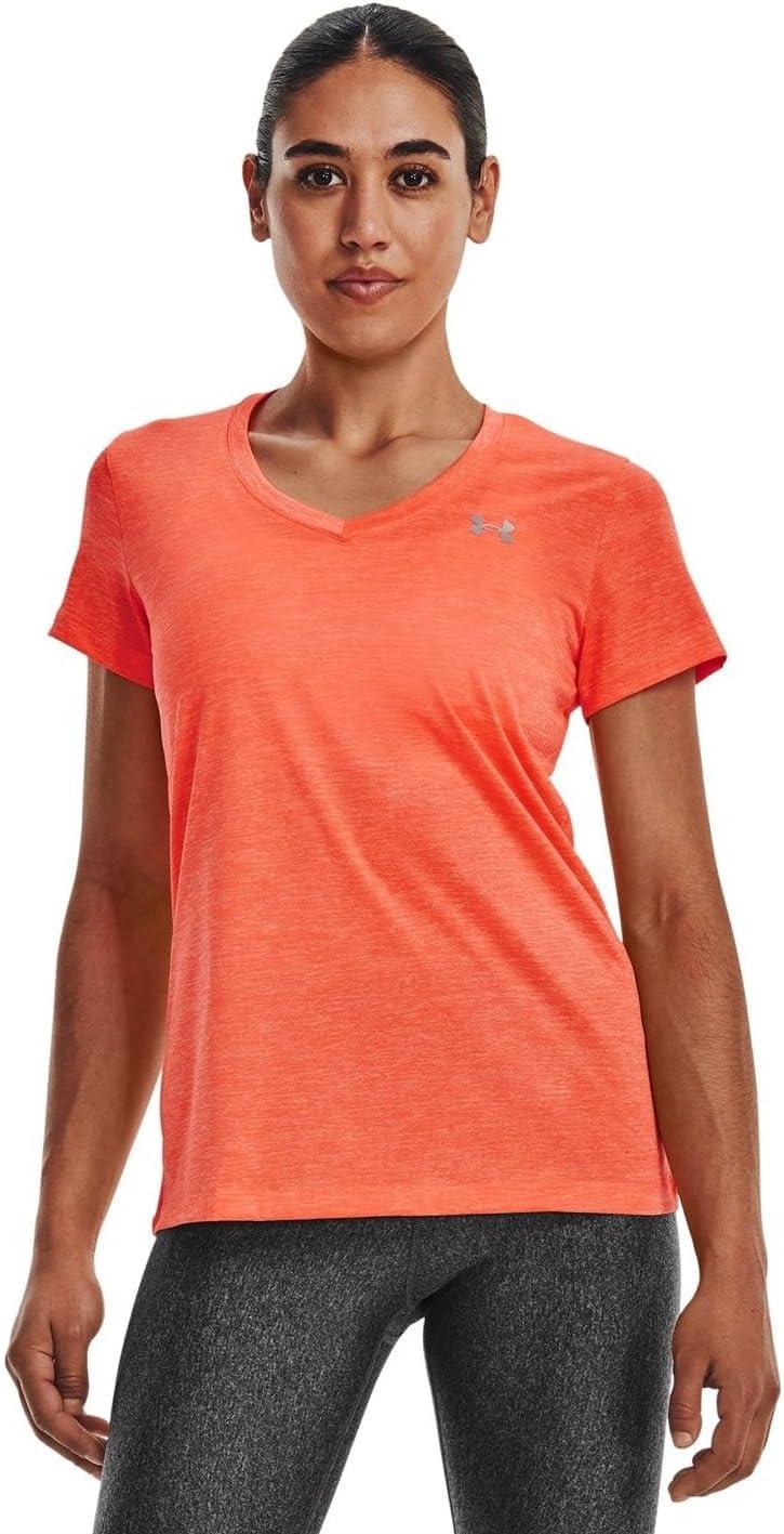 image:imageUnder Armour Womens Tech VNeck Twist ShortSleeve TShirt879 After Burn White Metallic Silver