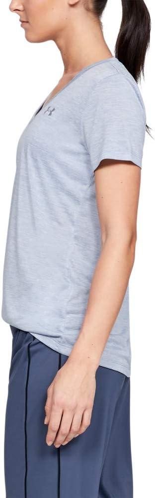 image:imageUnder Armour Womens Tech VNeck Twist ShortSleeve TShirtBlue Heights 448Metallic Silver
