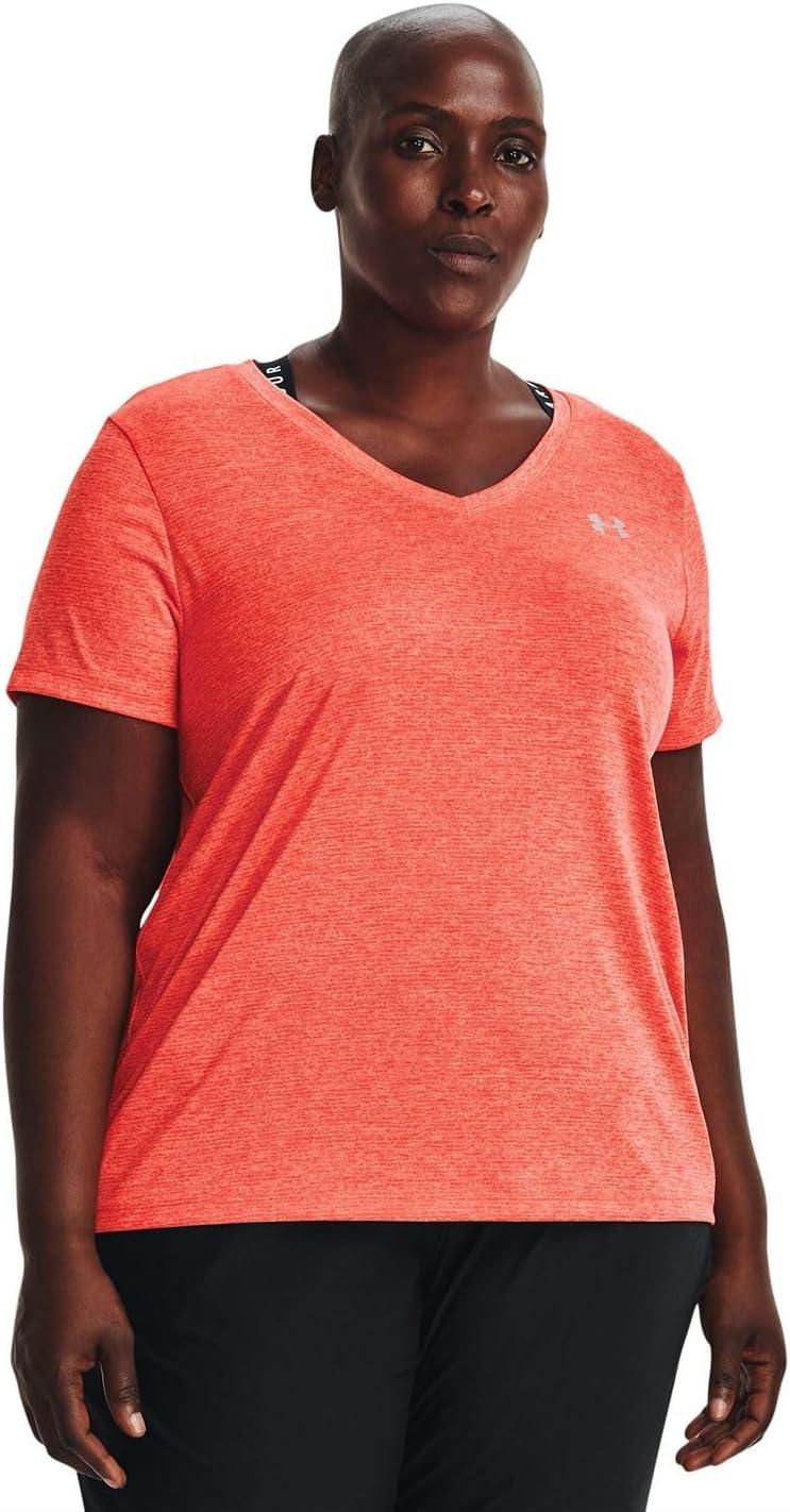 image:imageUnder Armour Womens Tech VNeck Twist ShortSleeve TShirtElectric Tangerine 824Metallic Silver