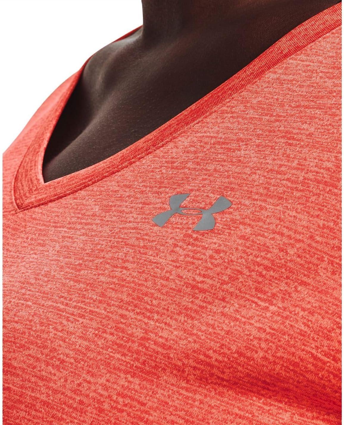 image:imageUnder Armour Womens Tech VNeck Twist ShortSleeve TShirtElectric Tangerine 824Metallic Silver