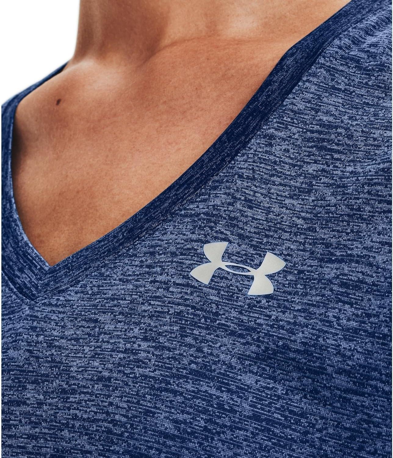image:imageUnder Armour Womens Tech VNeck Twist ShortSleeve TShirtIndigo 405Metallic Silver