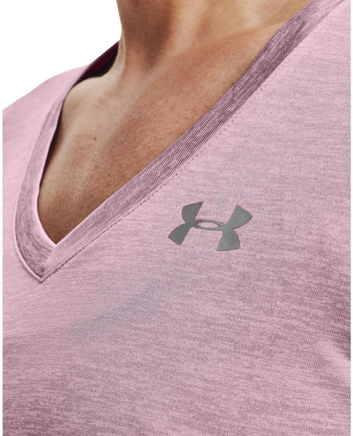 image:imageUnder Armour Womens Tech VNeck Twist ShortSleeve TShirtMauve Pink 699Metallic Silver