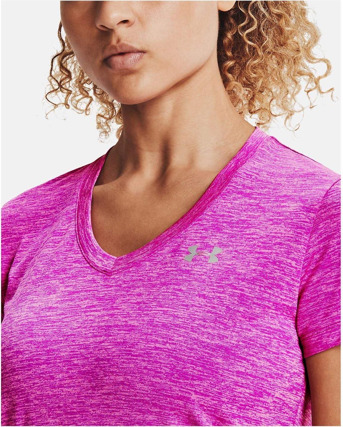 image:imageUnder Armour Womens Tech VNeck Twist ShortSleeve TShirtMeteor Pink 660Metallic Silver