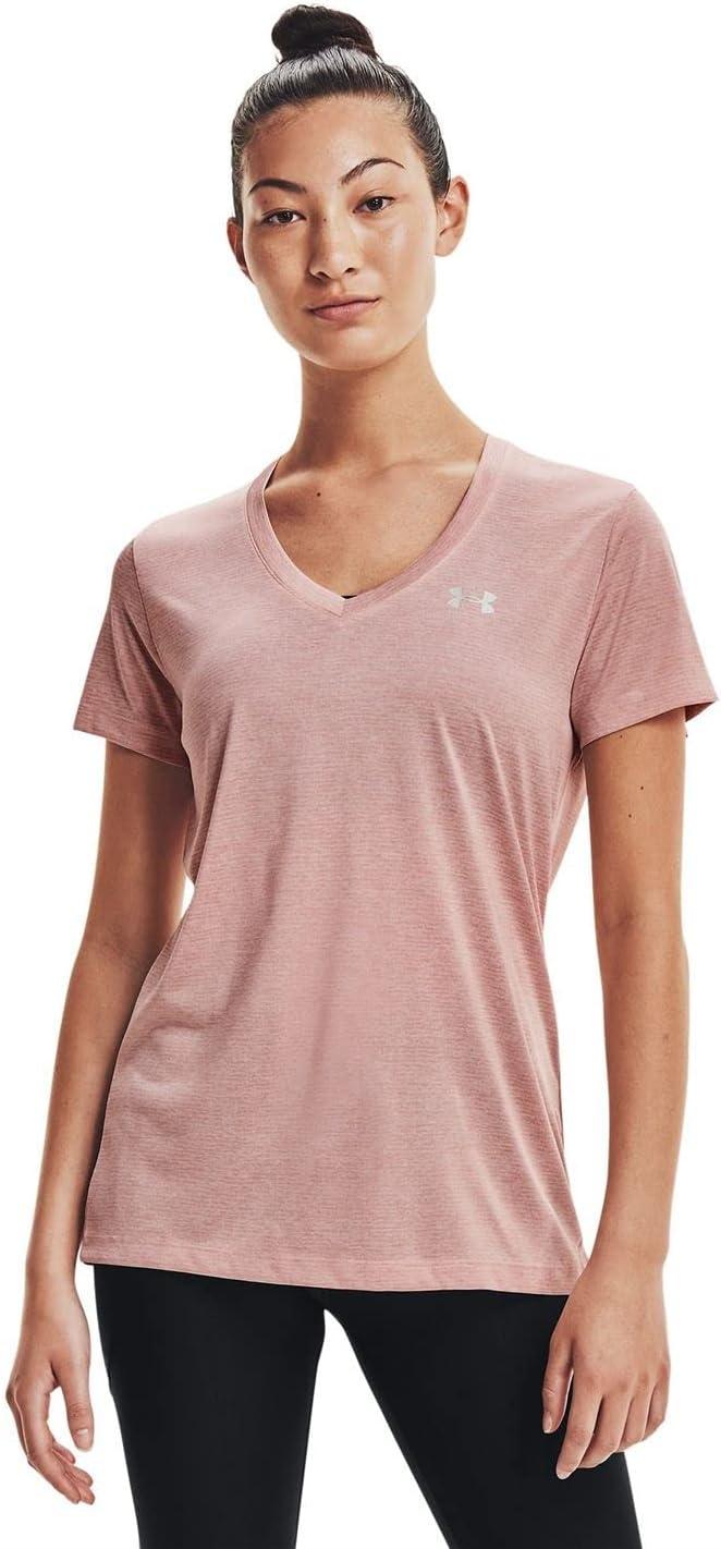 image:imageUnder Armour Womens Tech VNeck Twist ShortSleeve TShirtMicro Pink 685Metallic Silver
