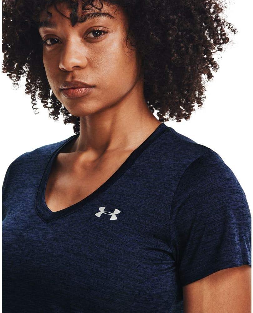 image:imageUnder Armour Womens Tech VNeck Twist ShortSleeve TShirtMidnight Navy 600Metallic Silver
