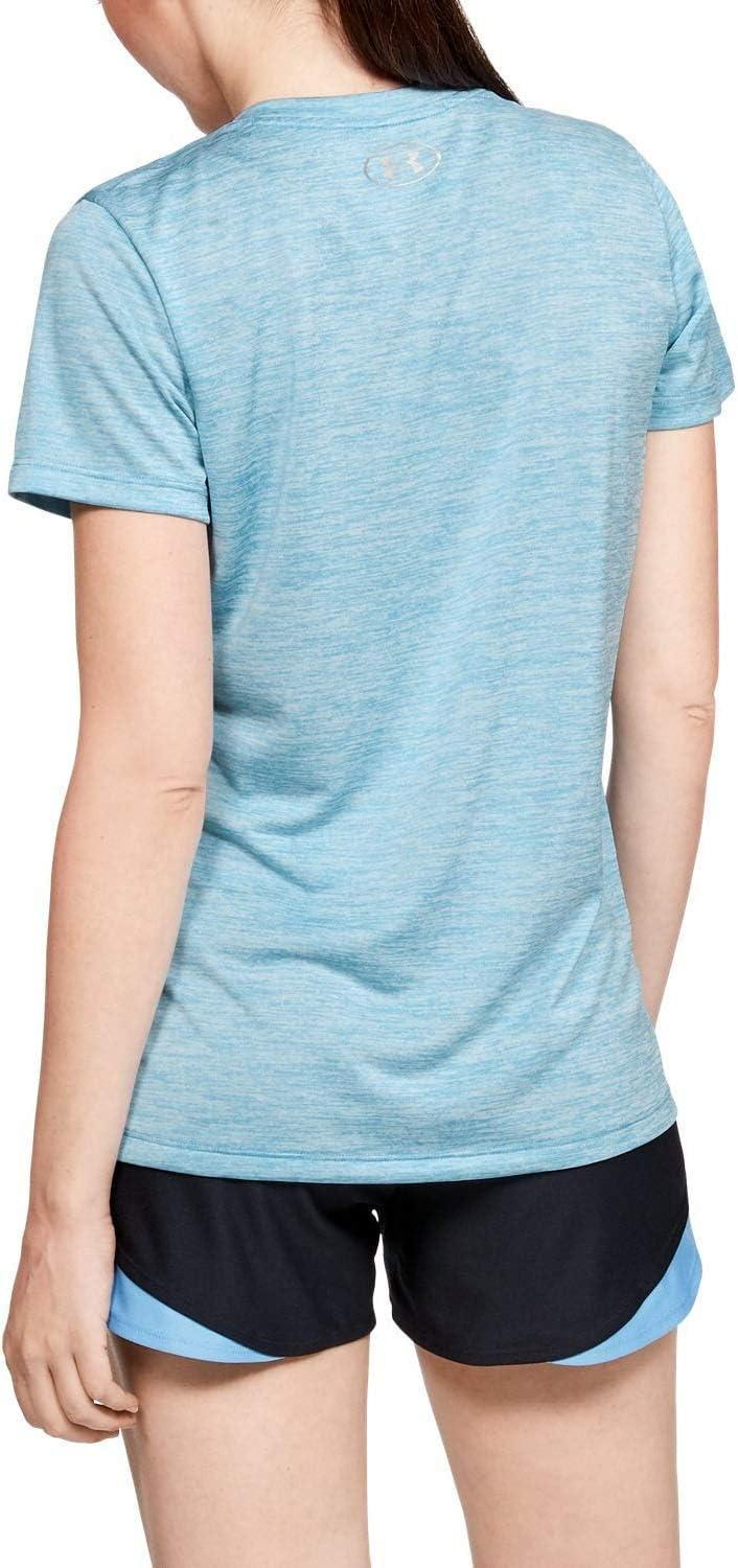 image:imageUnder Armour Womens Tech VNeck Twist ShortSleeve TShirtMobile Blue 485Metallic Silver