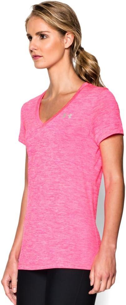 image:imageUnder Armour Womens Tech VNeck Twist ShortSleeve TShirtMojo Pink Metallic Silver