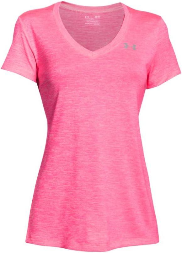 image:imageUnder Armour Womens Tech VNeck Twist ShortSleeve TShirtMojo Pink Metallic Silver
