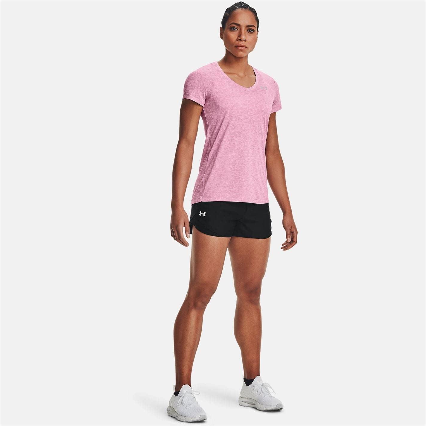 image:imageUnder Armour Womens Tech VNeck Twist ShortSleeve TShirtPlanet Pink 680Metallic Silver