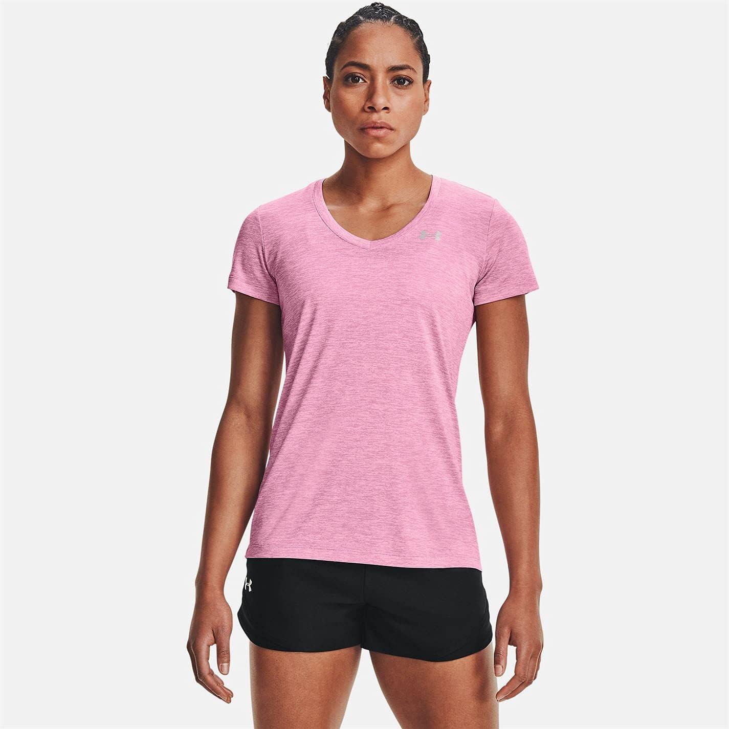 image:imageUnder Armour Womens Tech VNeck Twist ShortSleeve TShirtPlanet Pink 680Metallic Silver
