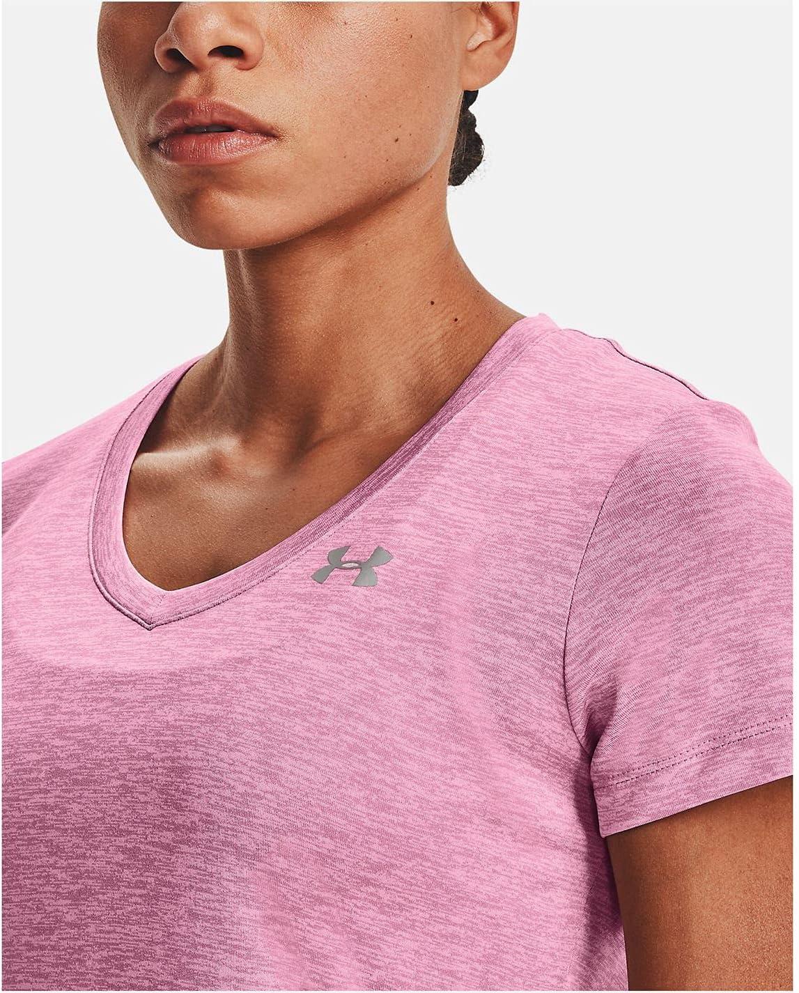 image:imageUnder Armour Womens Tech VNeck Twist ShortSleeve TShirtPlanet Pink 680Metallic Silver