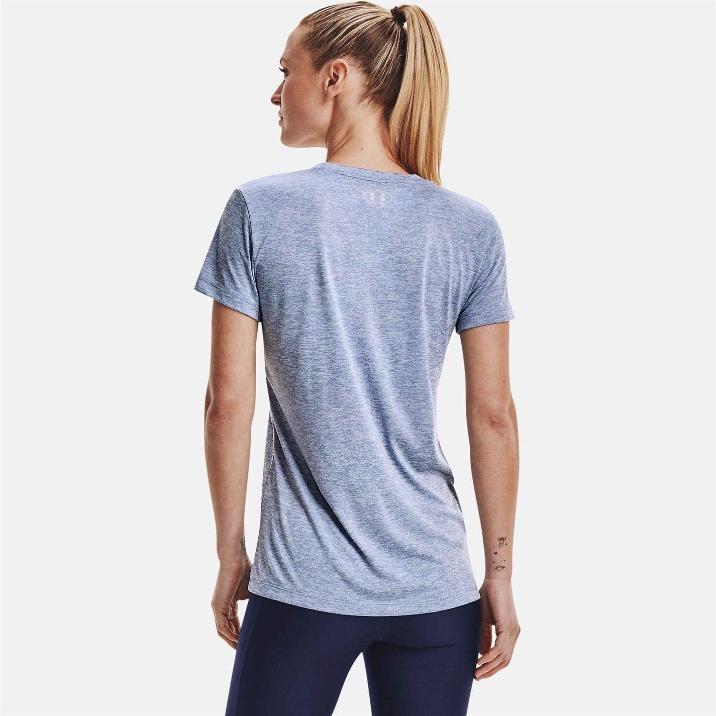 image:imageUnder Armour Womens Tech VNeck Twist ShortSleeve TShirtWashed Blue 421Metallic Silver