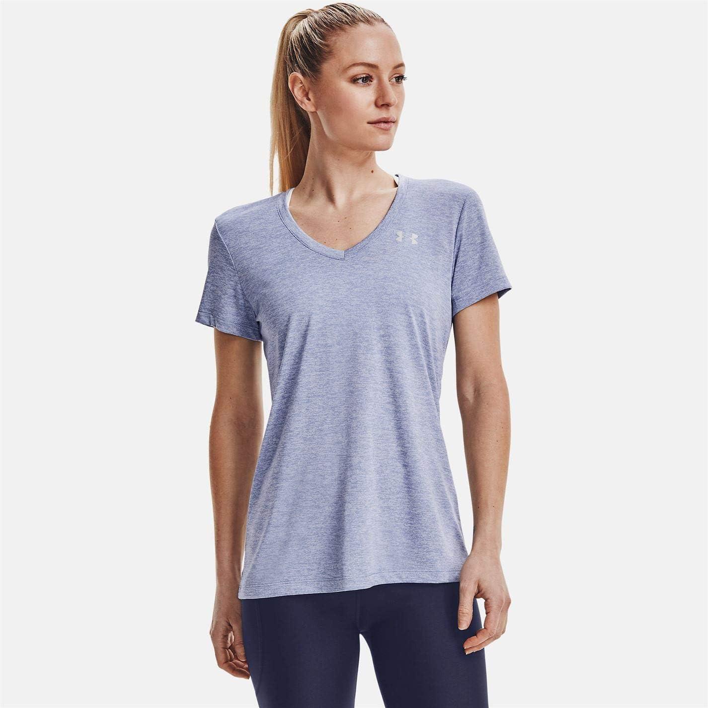 image:imageUnder Armour Womens Tech VNeck Twist ShortSleeve TShirtWashed Blue 421Metallic Silver
