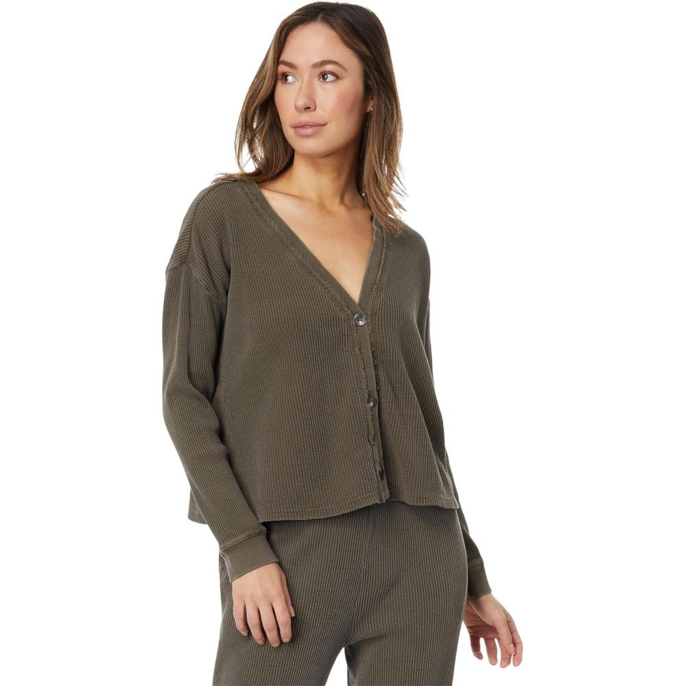 image:imageModODoc Washed Waffle Long Sleeve Button Front CardiOlive Thistle