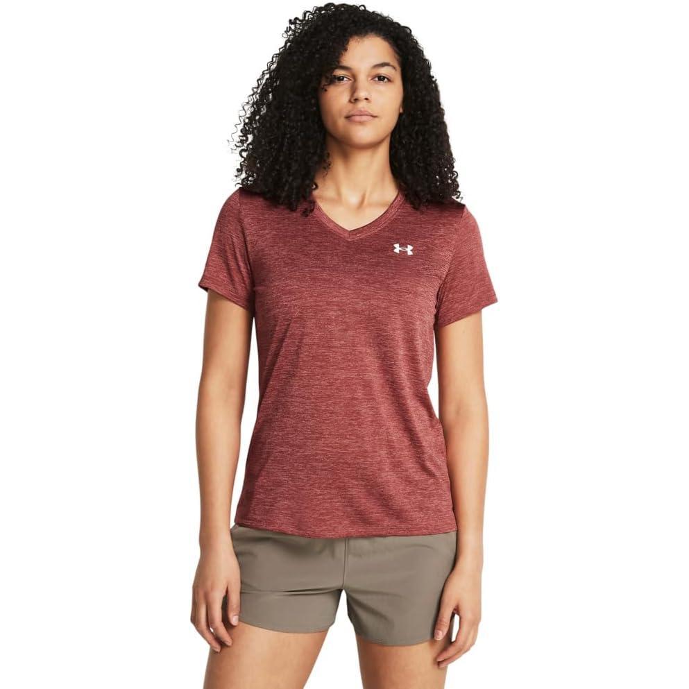 image:imageUnder Armour Womens Tech Short Sleeve VNeck Twist611 Sedona Red Canyon Pink White