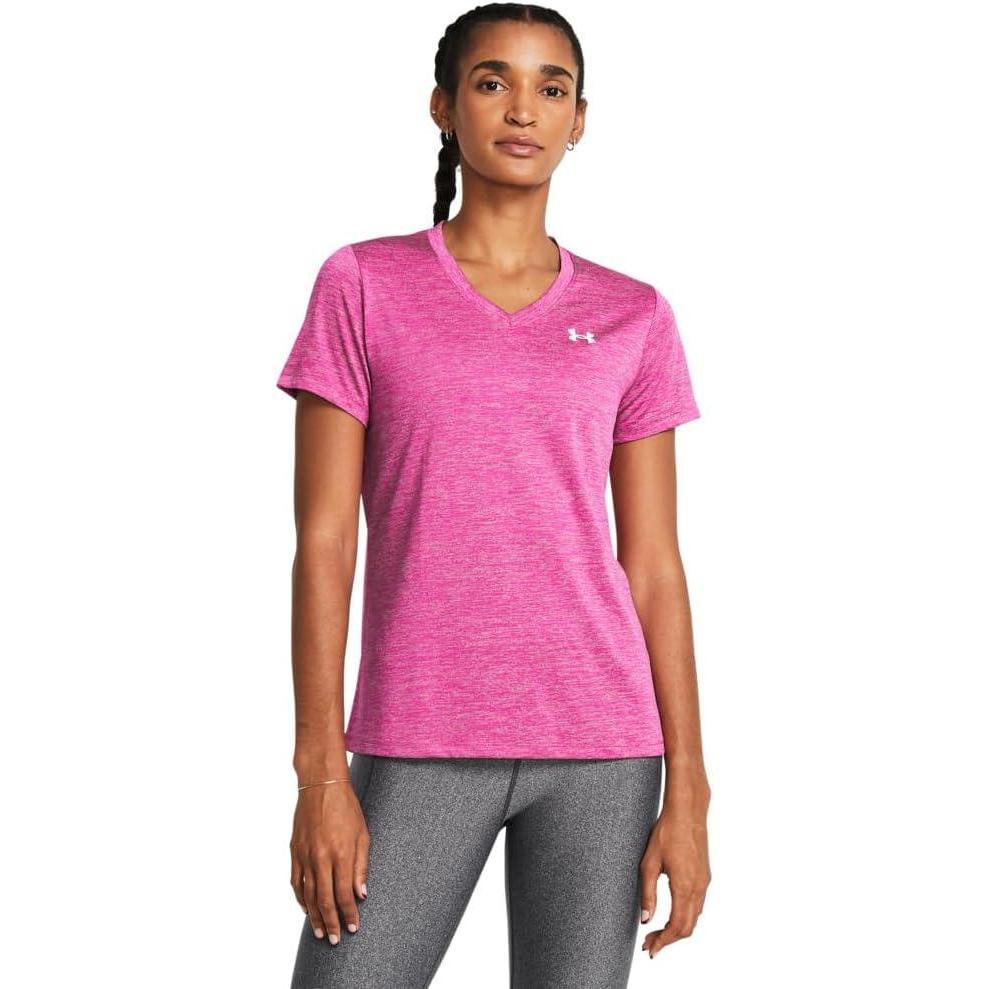 image:imageUnder Armour Womens Tech Short Sleeve VNeck Twist652 Rebel Pink Pink Elixir White