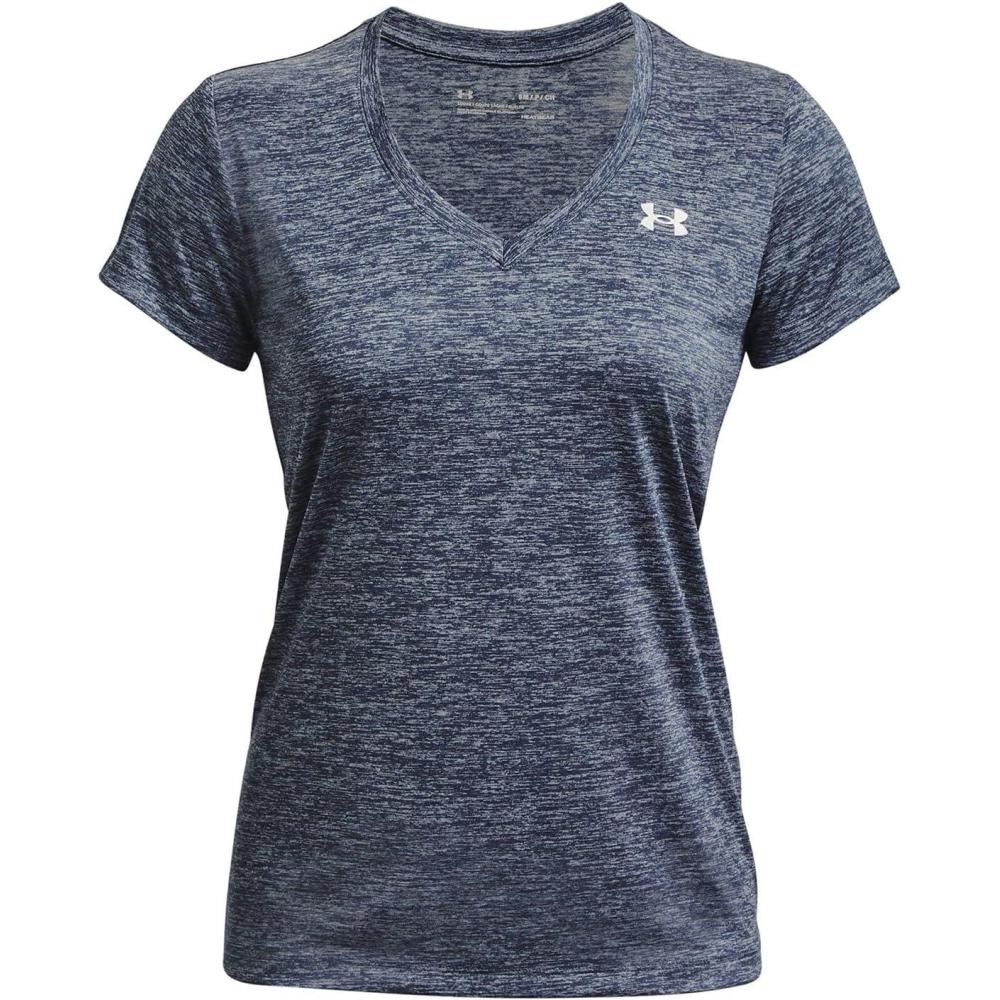 image:imageUnder Armour Womens Tech VNeck Twist ShortSleeve TShirt045 Downpour Gray Harbor Blue Metallic Silver