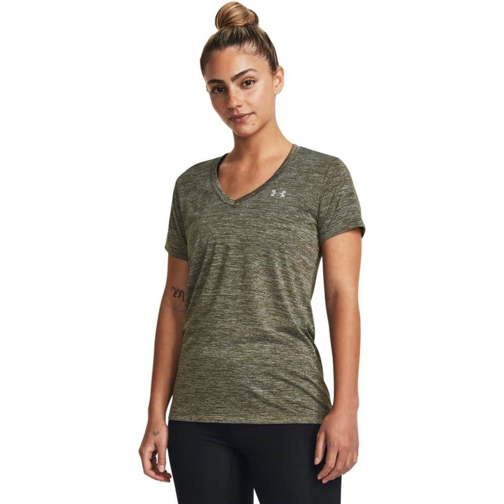 image:imageUnder Armour Womens Tech VNeck Twist ShortSleeve TShirt390 Marine Od Green White Metallic Silver