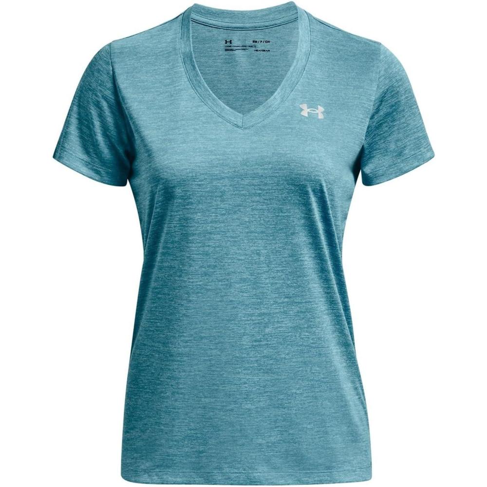 image:imageUnder Armour Womens Tech VNeck Twist ShortSleeve TShirt433 Glacier Blue White Metallic Silver