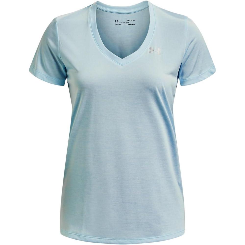 image:imageUnder Armour Womens Tech VNeck Twist ShortSleeve TShirt469 Fuse Teal White Metallic Silver