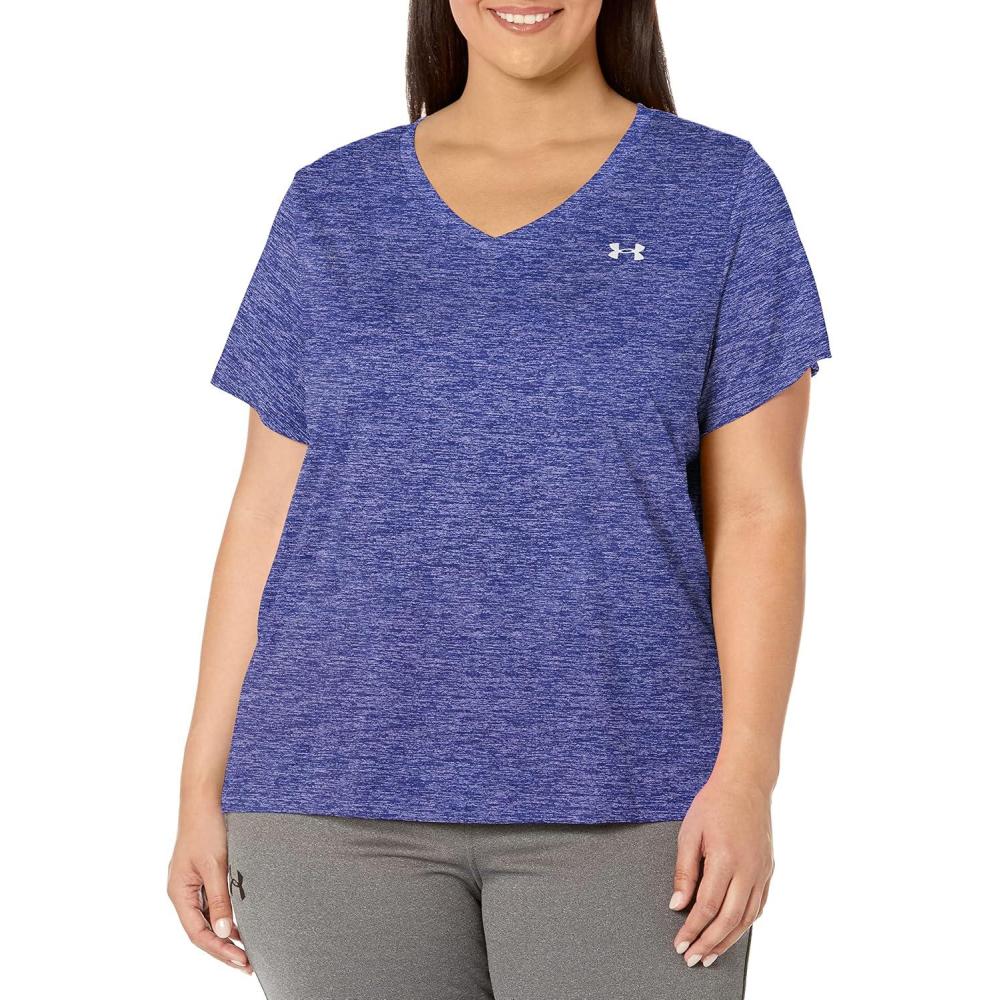 image:imageUnder Armour Womens Tech VNeck Twist ShortSleeve TShirt471 Sonar Blue Baja Blue Metallic Silver