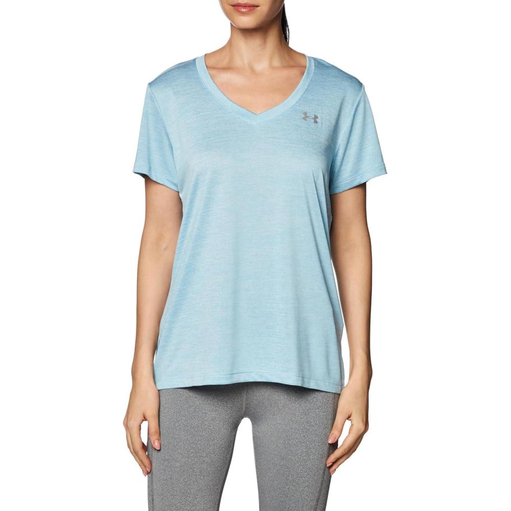 image:imageUnder Armour Womens Tech VNeck Twist ShortSleeve TShirt490 Blizzard White Metallic Silver