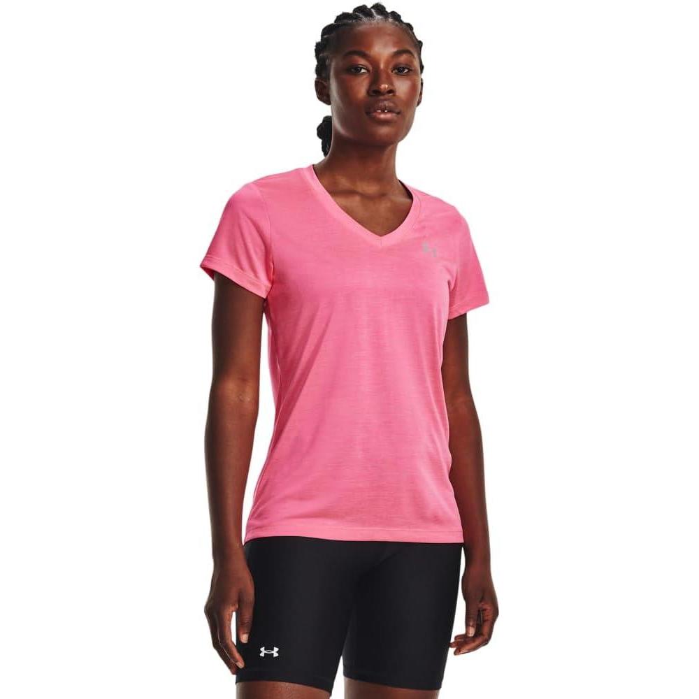 image:imageUnder Armour Womens Tech VNeck Twist ShortSleeve TShirt643 Pink Punk White Metallic Silver