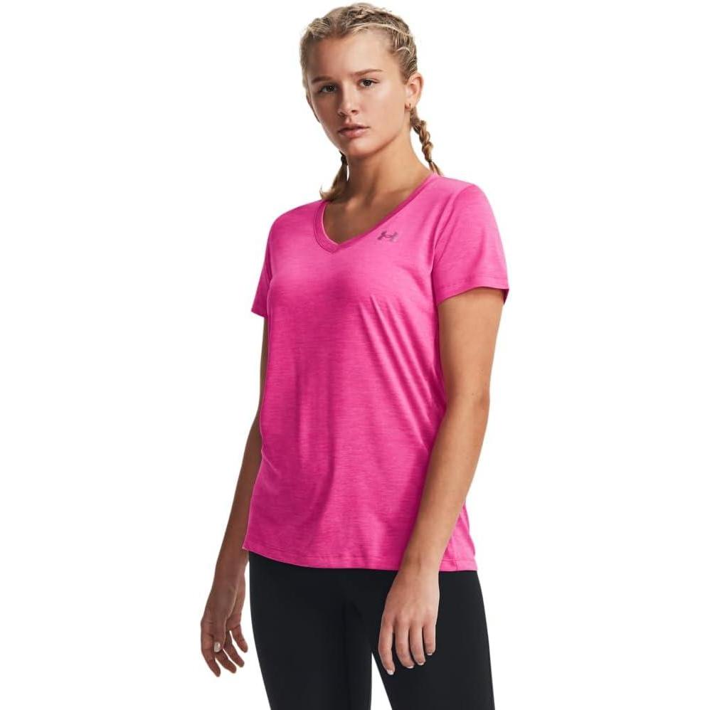image:imageUnder Armour Womens Tech VNeck Twist ShortSleeve TShirt657 Rebel Pink Metallic Silver