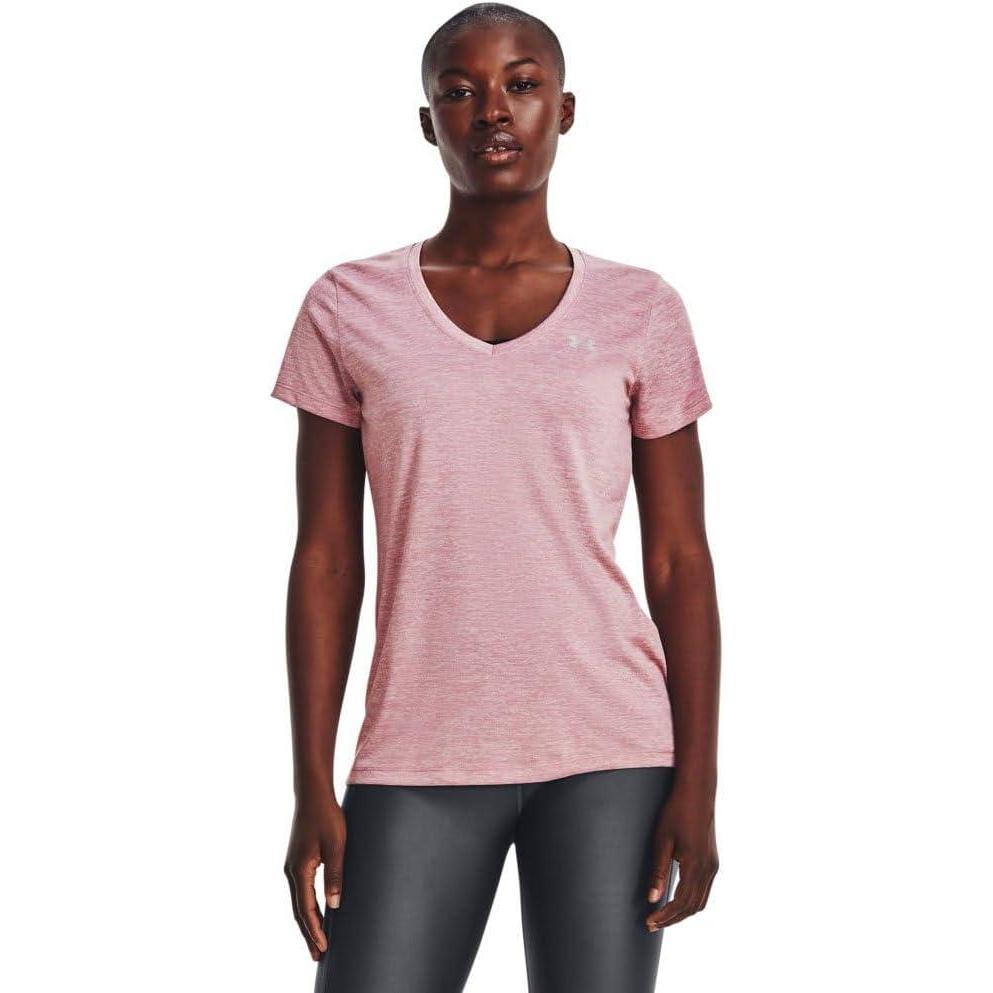 image:imageUnder Armour Womens Tech VNeck Twist ShortSleeve TShirt700 Pink Elixir White Metallic Silver