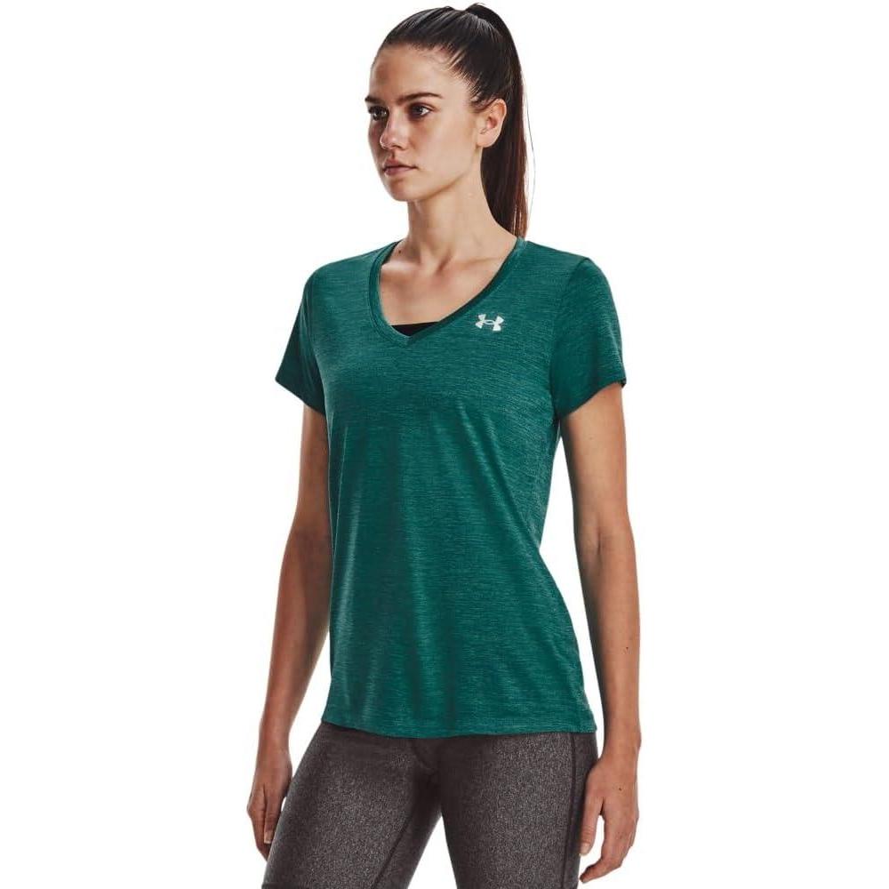 image:imageUnder Armour Womens Tech VNeck Twist ShortSleeve TShirt722 Coastal Teal Birdie Green Metallic Silver